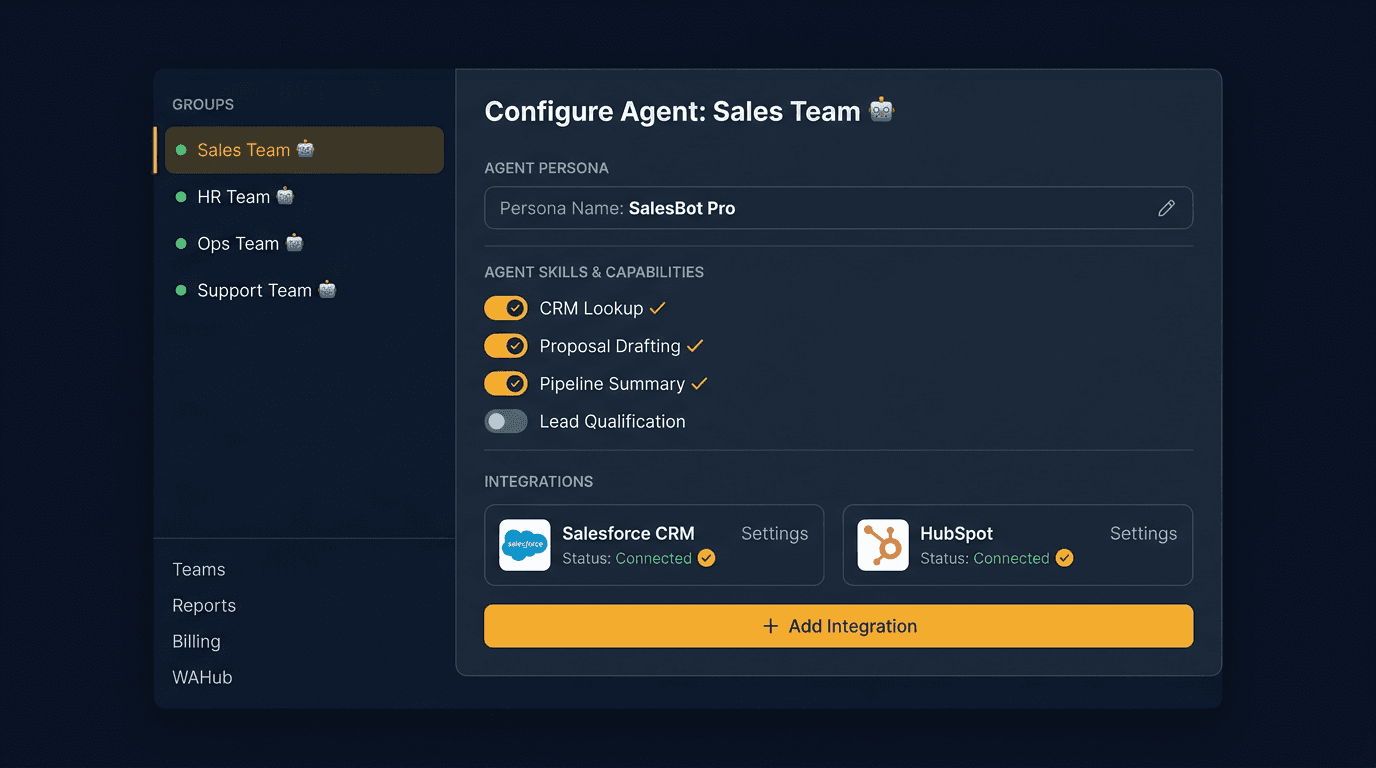 Illumitry provisioning dashboard — configure groups, agents, skills and integrations in one place
